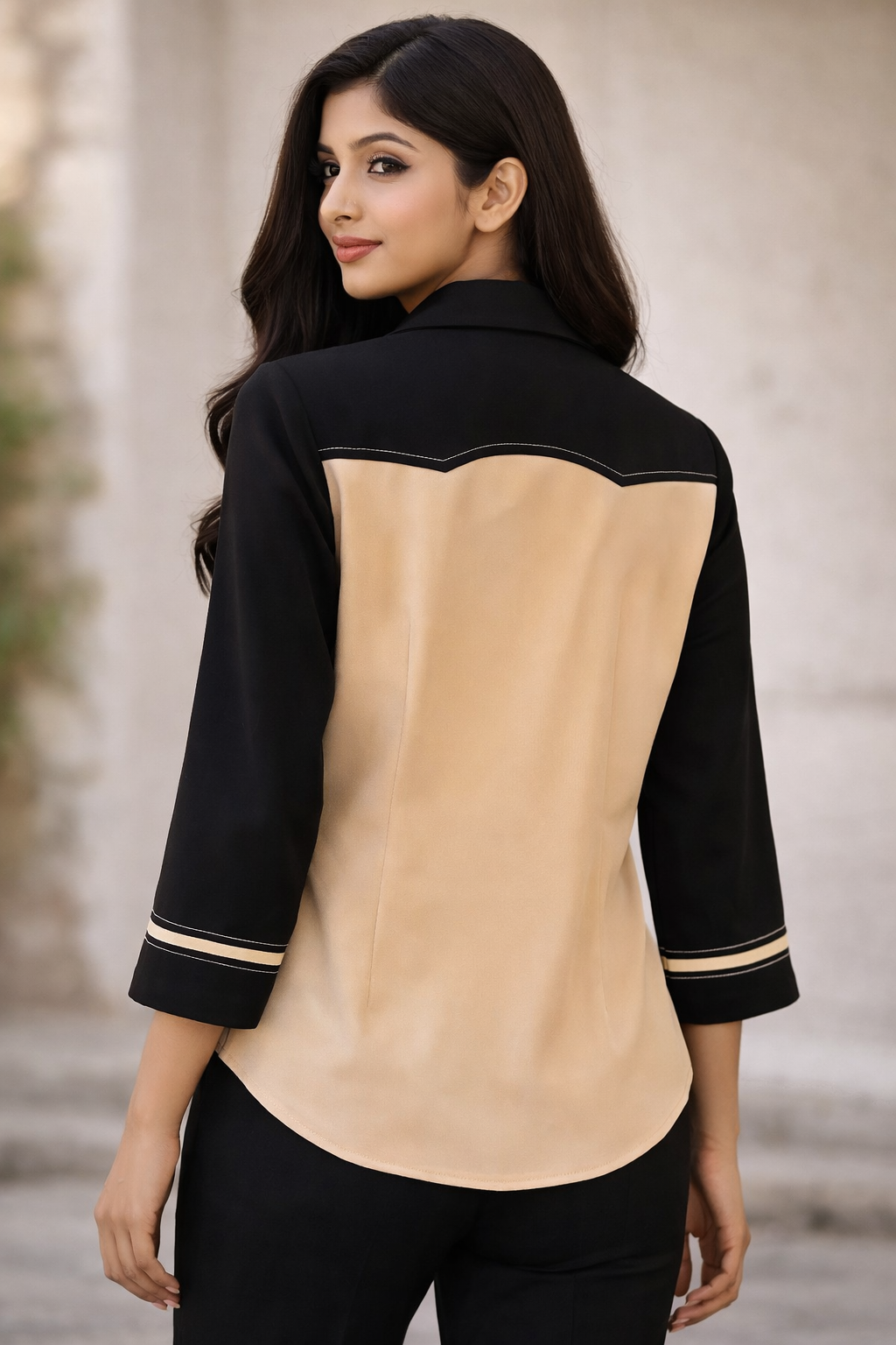 Tuscan Beige and Black Top with Black Sleeves and Black Thread Detailing