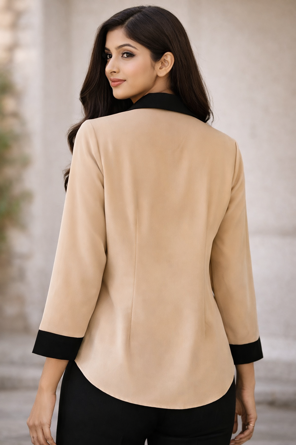 Tuscan Beige Top with Black Collar & Lace Detailing