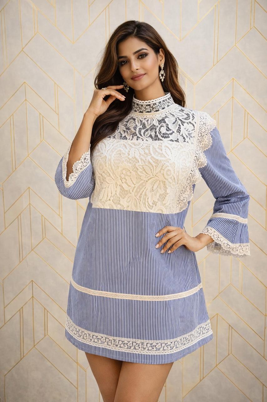 Cotton Blue Striped Top with Ivory White Lace Detailing