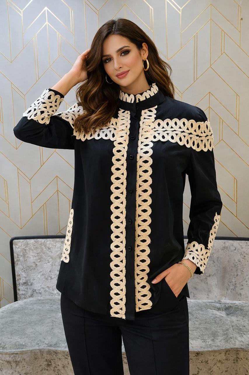 Cotton Black Top with Ivory White Lace Detailing