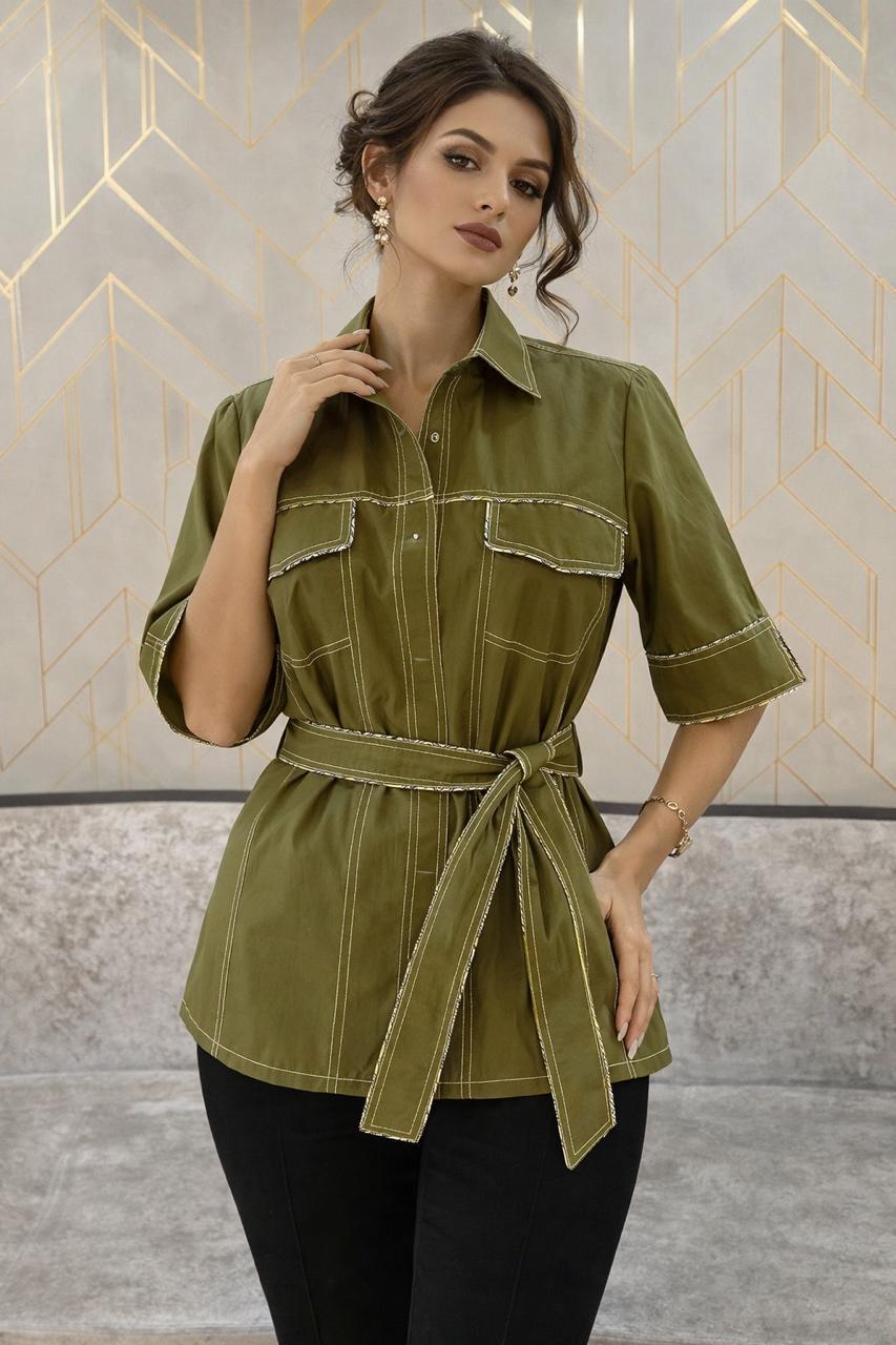 Olive Green Cotton Top with White Thread Detailing