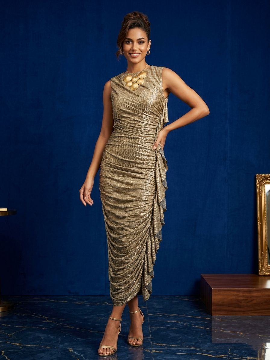 green emerald velvet dress Kalki Fashion - Metallic Champagne Gold Dress In Lycra main image 1