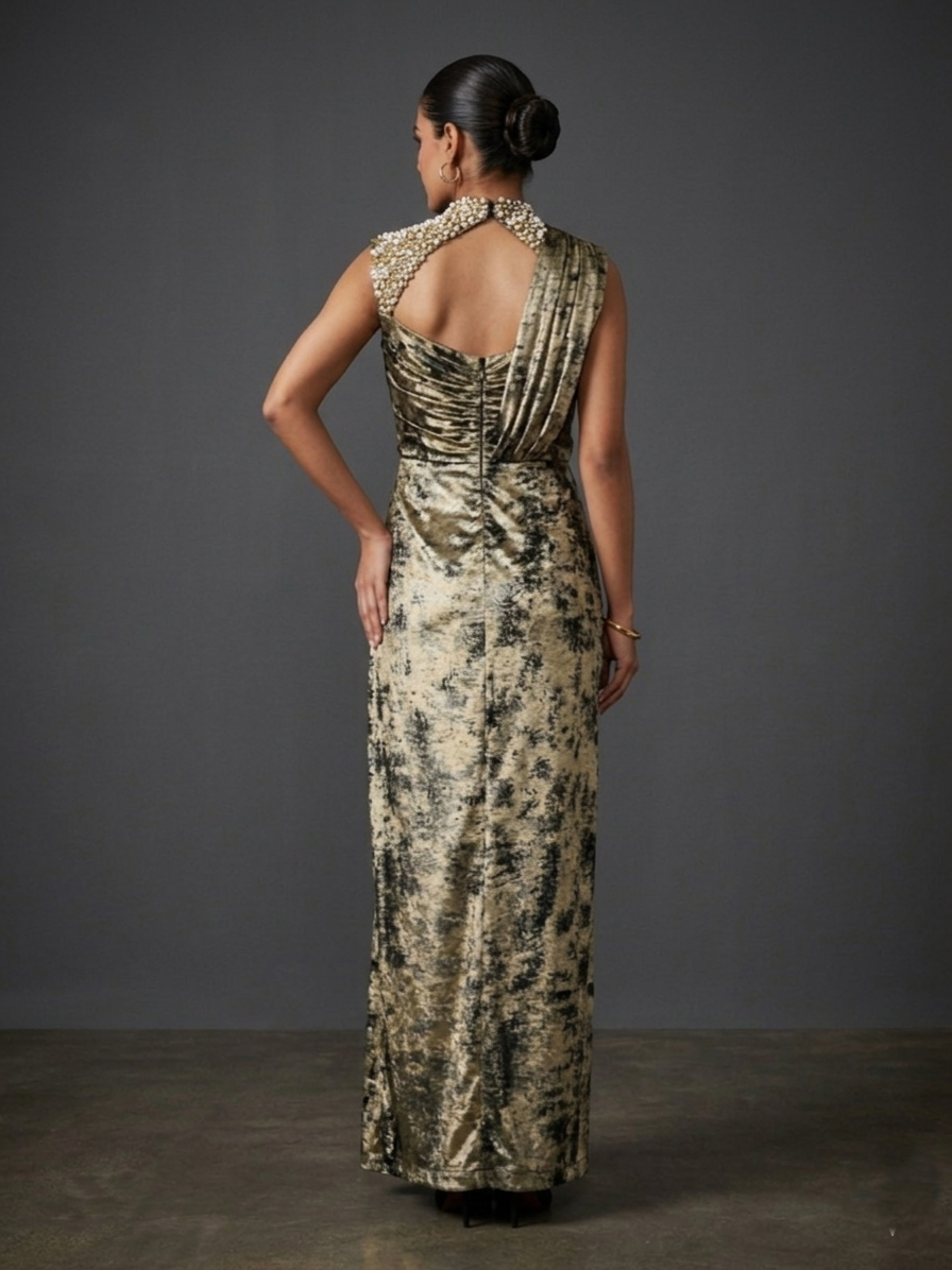 Gold Black Sandwash Satin Georgette Drape Gown