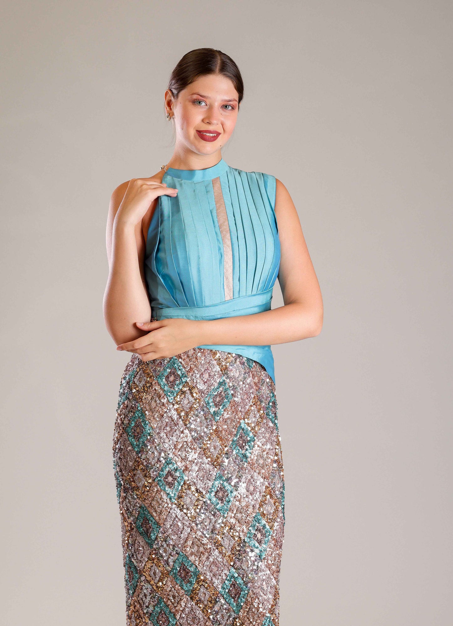 Turquoise Sequins Gown - Sakshi Narula