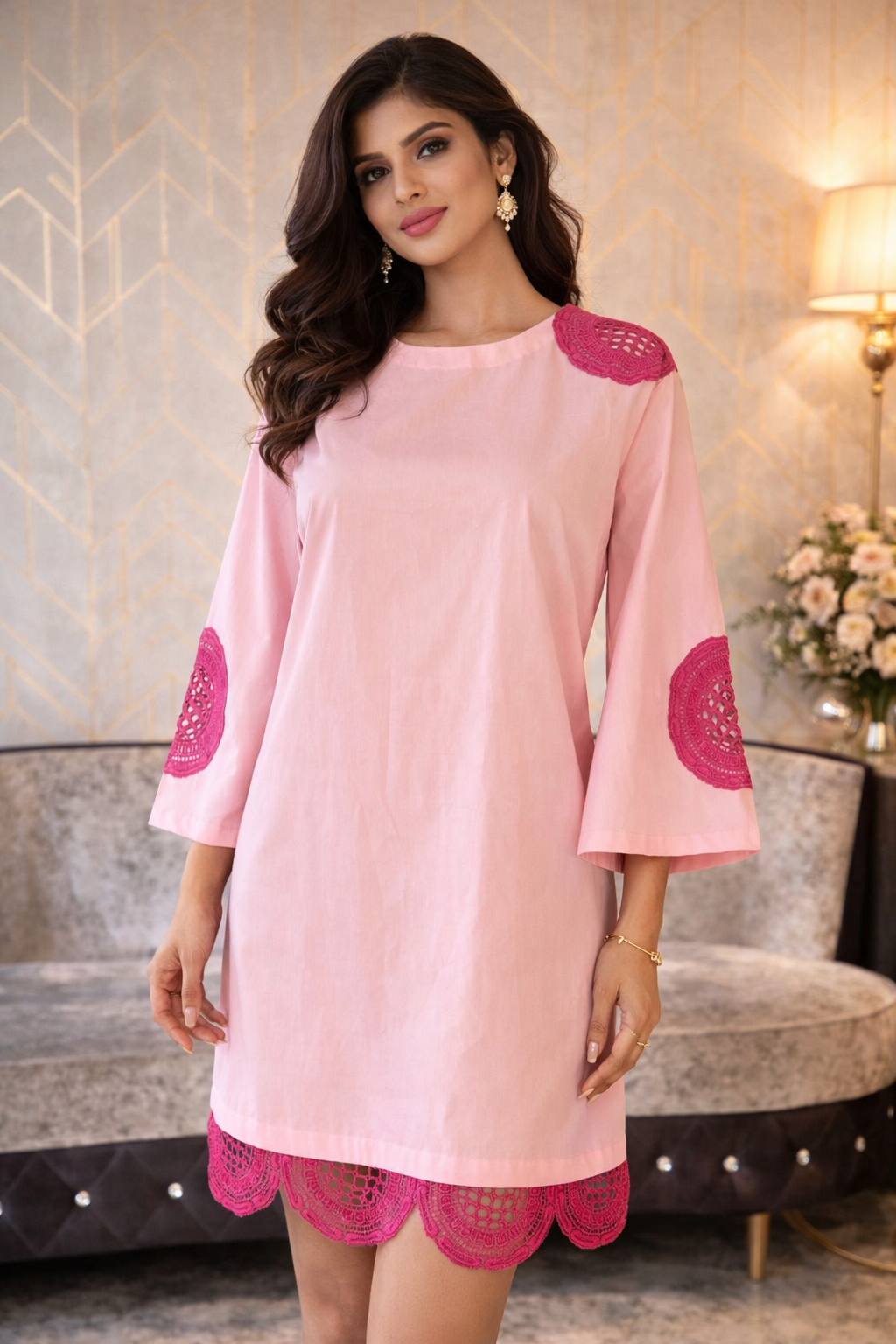 Light Pink Cotton Dream Dress with Hot Pink Crochet Patches