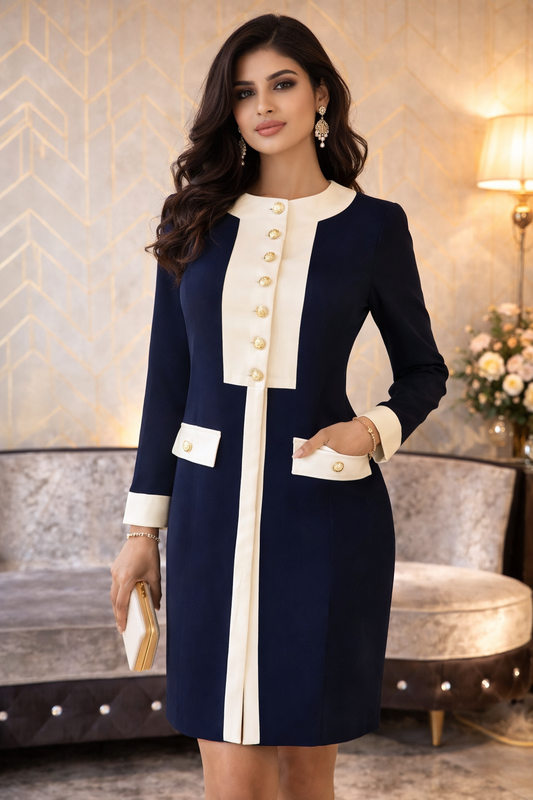 Elegant Navy Blue Lycra Dress with Off-White Panel Detailing
