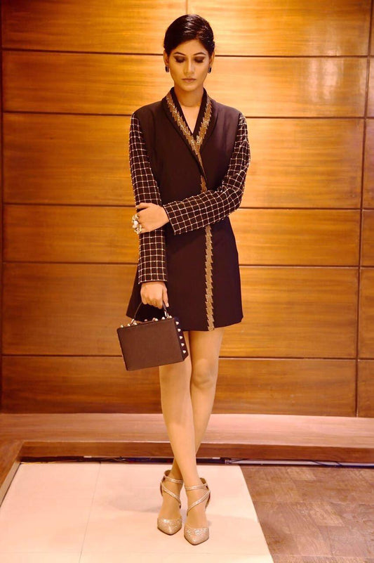 Black Lycra Coat dress with Gold Cutdana and Pearls Handwork detailing in Front and Sleeves