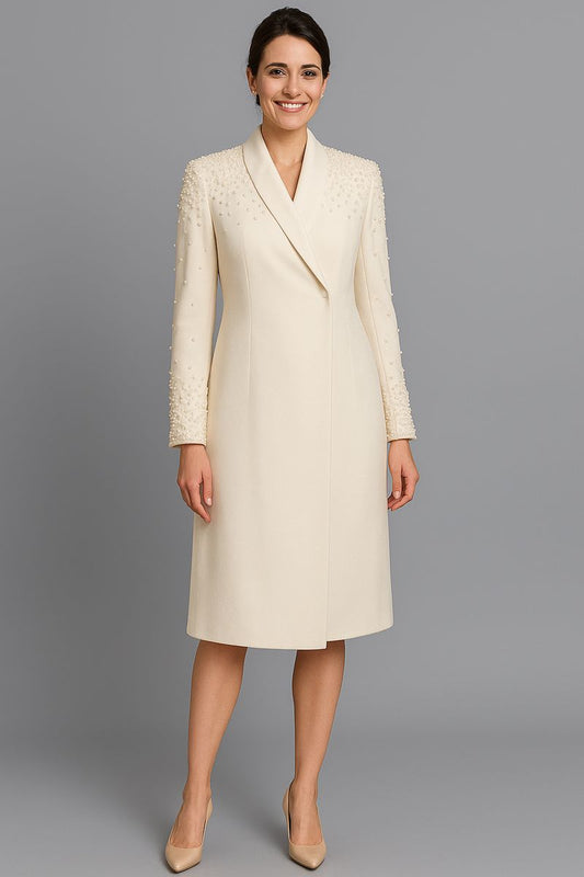Ivory White Lycra Coat Dress with Exquisite Pearl Handwork