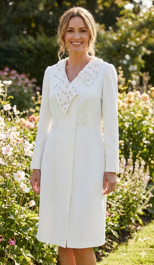 Ivory White Lycra Coat Dress with Pin Tucks & Crystal Collar