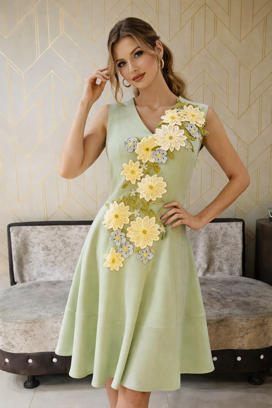 Lime Green Lycra Drape Dress with Crochet Floral Patchwork
