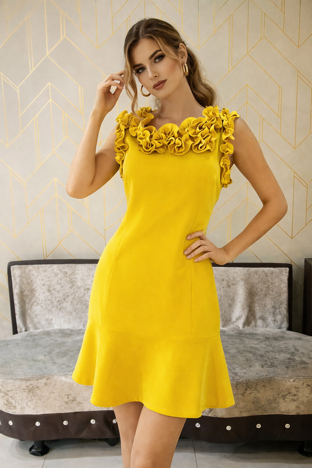 Neon Green Lycra Drape Dress with Frill Neck Detailing