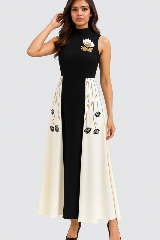 Elegant Black & Cream Lycra Maxi Dress