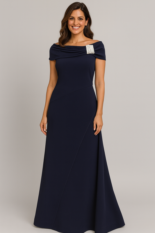 Navy Blue Off-Shoulder Lycra Long Dress with Crystal Neck Detailing