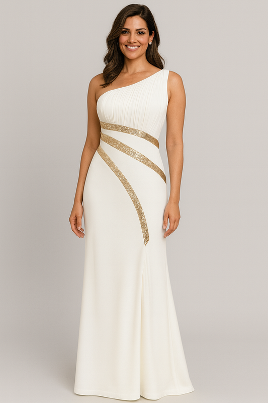 Ivory White One-Shoulder Lycra Long Dress with Gold Sequins Waist Detailing