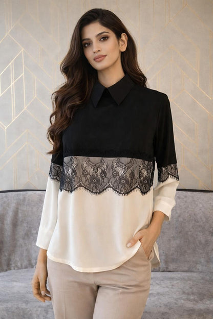 Elegant Black & Ivory Lace Waist Top