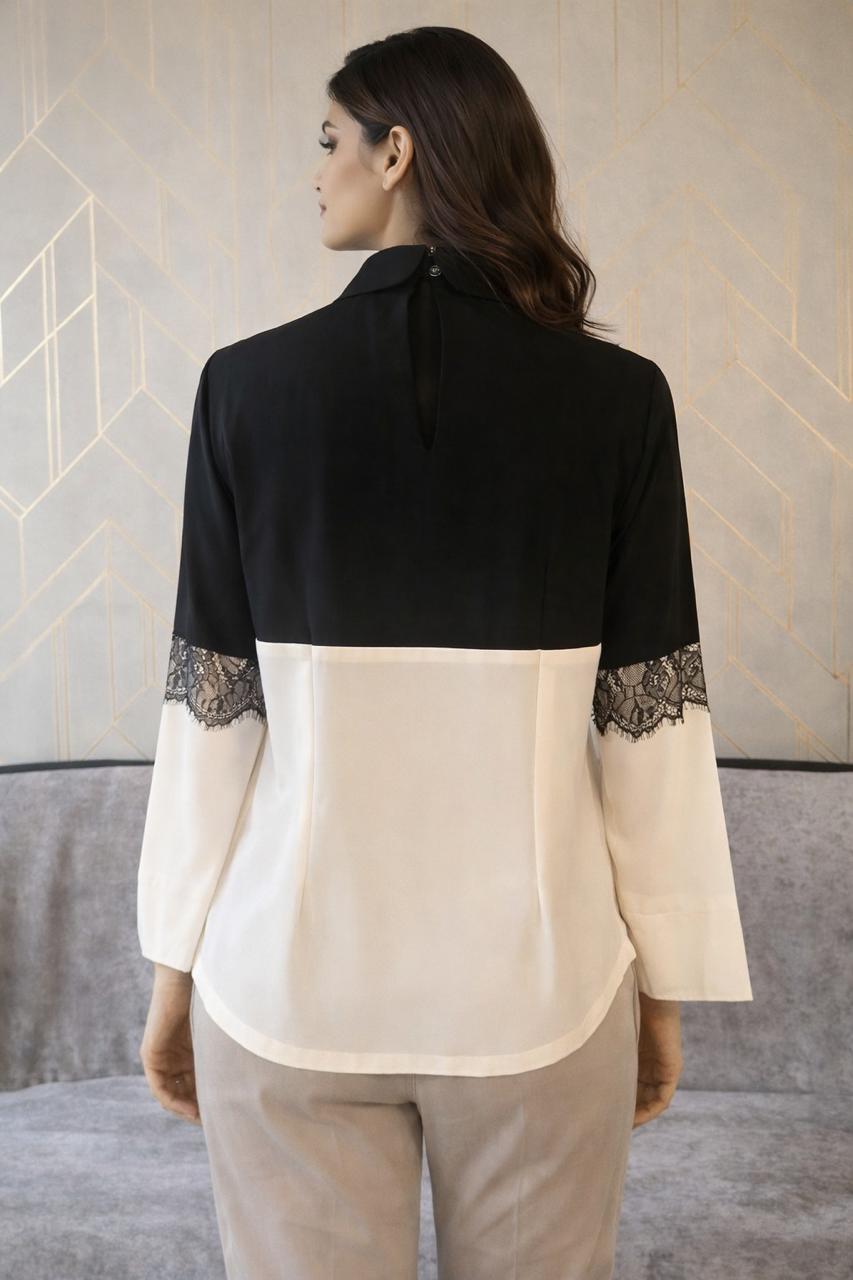 Elegant Black & Ivory Lace Waist Top
