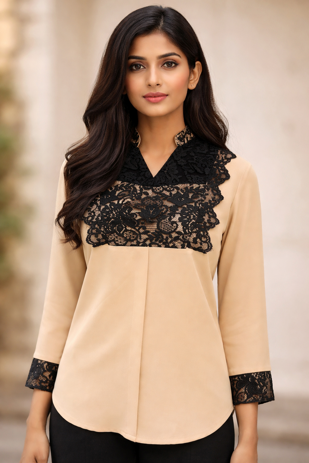 Tuscan Beige Top with Black Lace Detailing