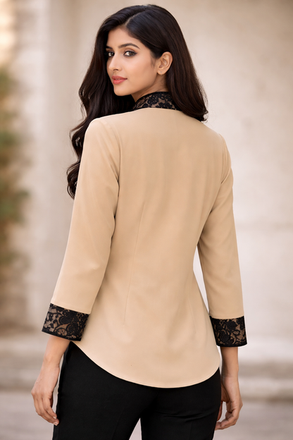 Tuscan Beige Top with Black Lace Detailing