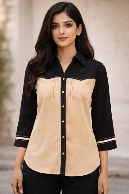 Tuscan Beige and Black Top with Black Sleeves and Black Thread Detailing