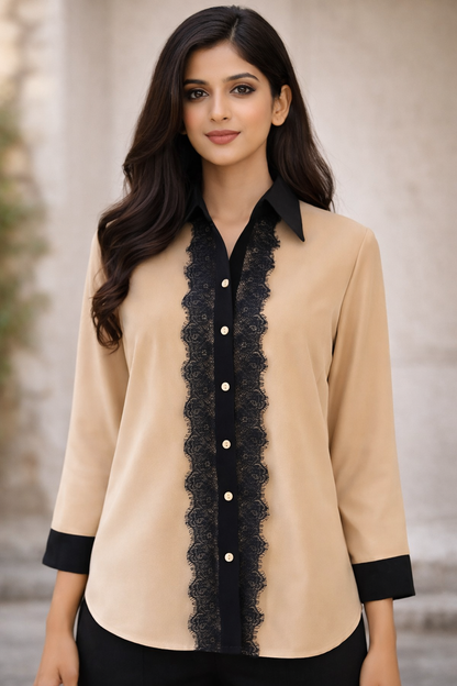 Tuscan Beige Top with Black Collar & Lace Detailing