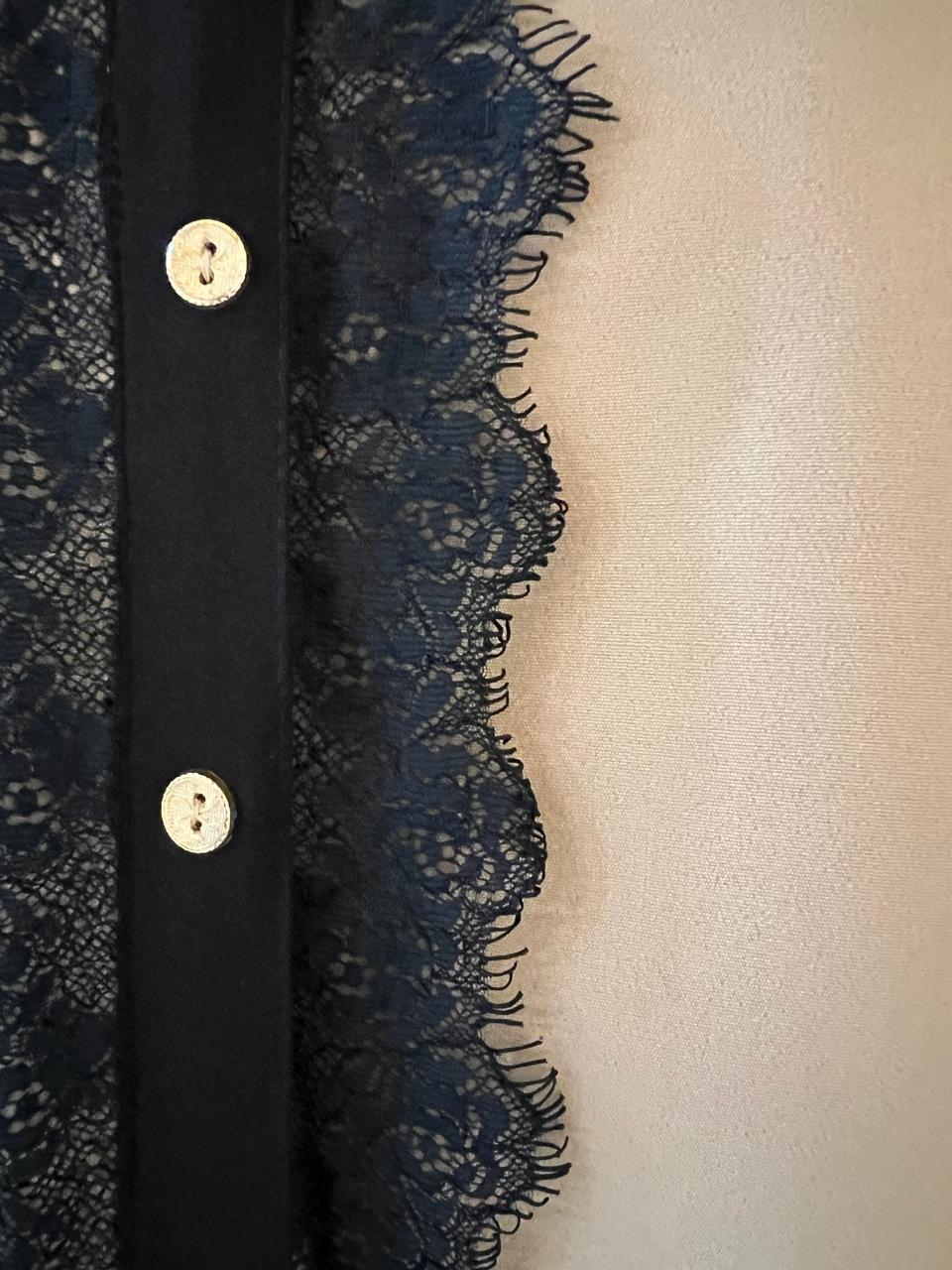 Tuscan Beige Top with Black Collar & Lace Detailing