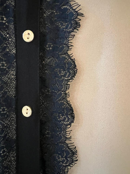 Tuscan Beige Top with Black Collar & Lace Detailing