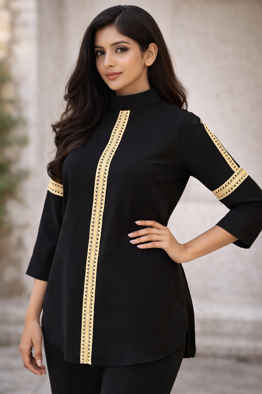 Black Top with Beige Lace Detailing on Front and Sleeves