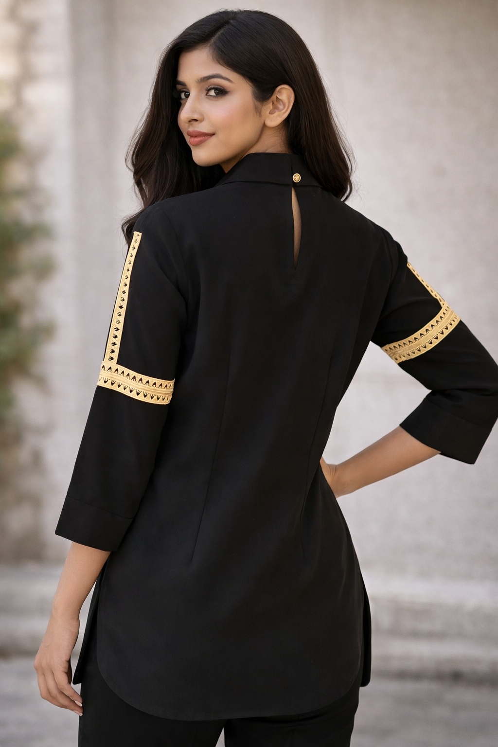 Black Top with Beige Lace Detailing on Front and Sleeves
