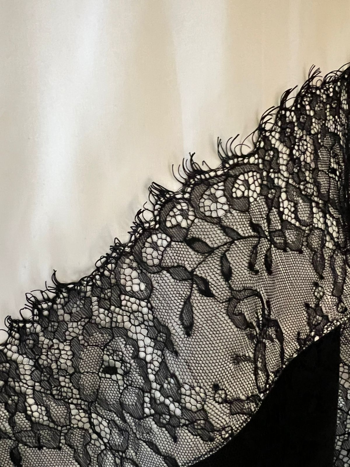 Ivory White Satin Top with Black Lace Accents