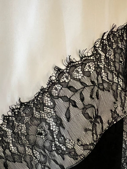 Ivory White Satin Top with Black Lace Accents
