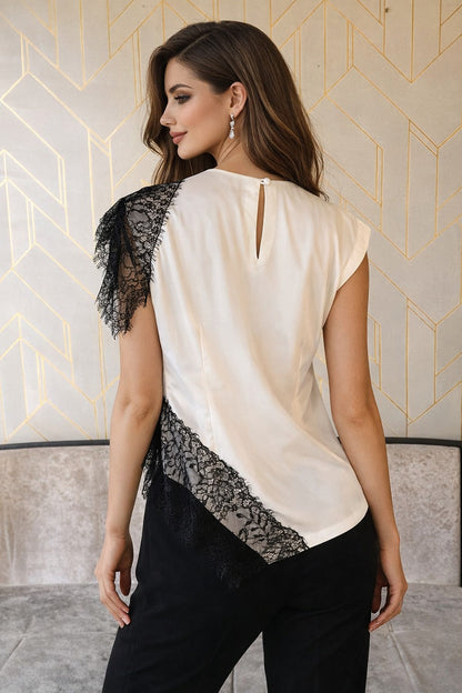 Ivory White Satin Top with Black Lace Accents