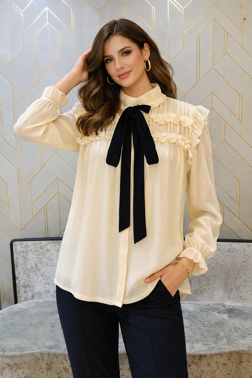 Cream Heavy Georgette Top with Frill Detailing and Black Tie-up Knot on the Neck