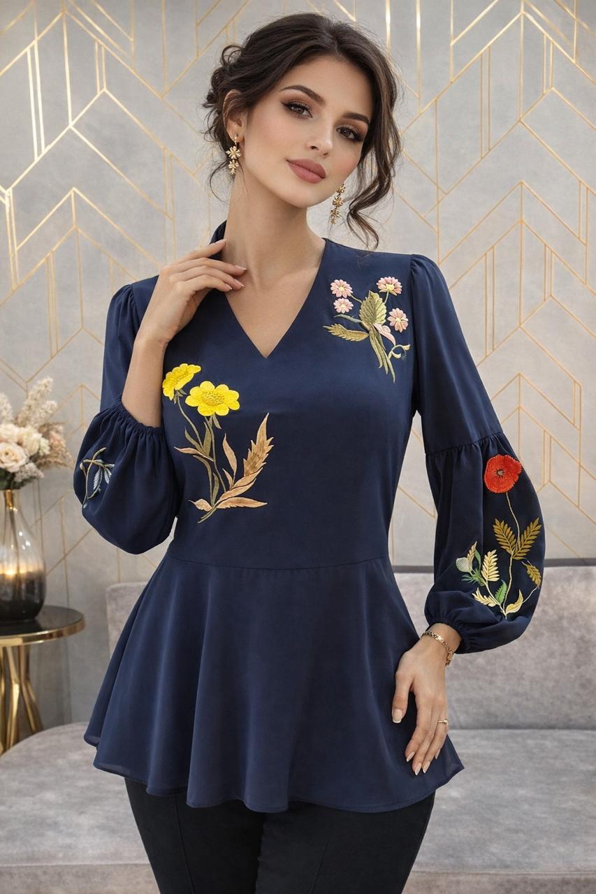 Navy Blue Heavy Georgette Top with Multicolour Thread Embroidery