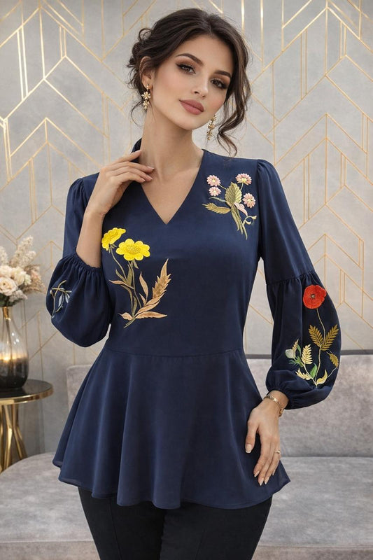Navy Blue Heavy Georgette Top with Multicolour Thread Embroidery