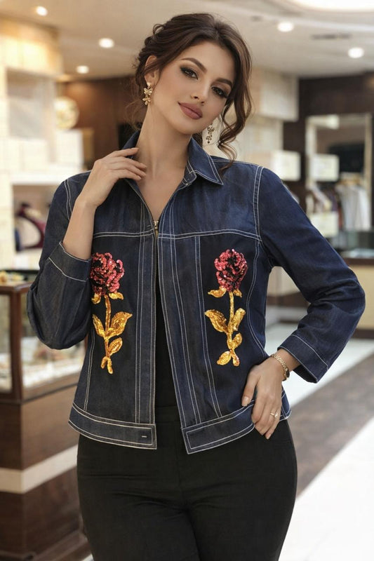 Navy Blue Denim Top with Multicolour Hand Embroidery