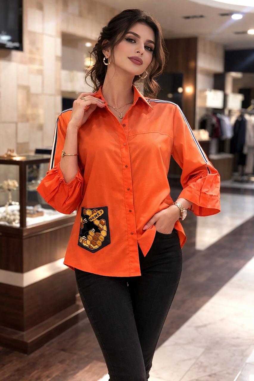 Burnt Orange Cotton Top with Honey Bee Embroidery