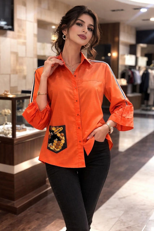 Burnt Orange Cotton Top with Honey Bee Embroidery