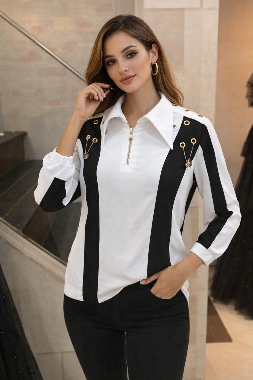 Elegant White & Black Heavy Georgette Top with Gold Eyelet & Metal Chain Detailing