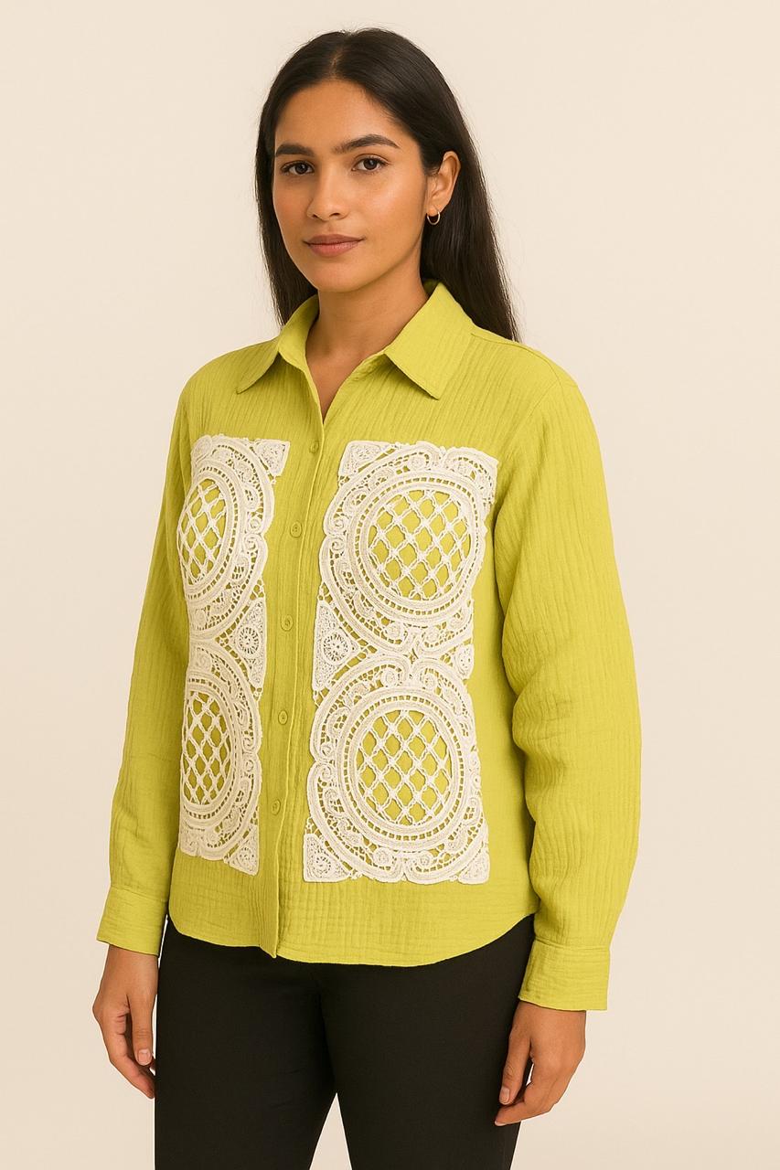 Lime Green Crinkled Cotton Top with Crochet Detailing