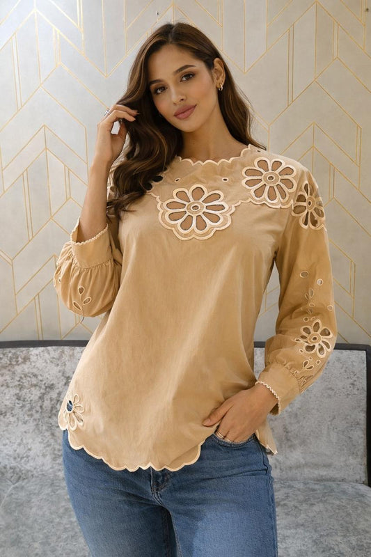 Elegant Beige Cotton Top with Cutwork Detailing