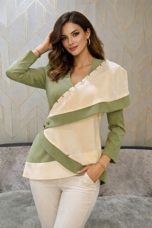 Elegant Light Green & Off-White Lycra Top with Studded Neck Detailing