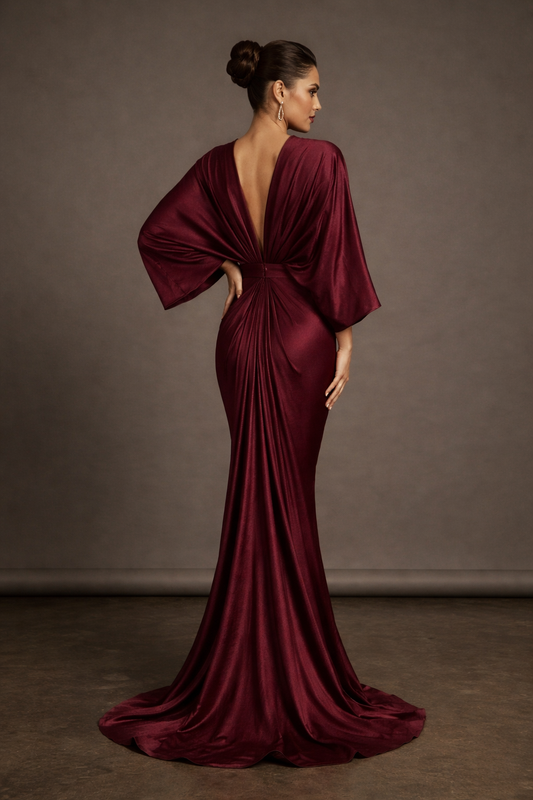 Maroon Shimmer Lycra Gown with Antique Metallic Brooch