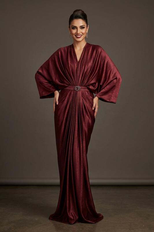 Maroon Shimmer Lycra Gown with Antique Metallic Brooch