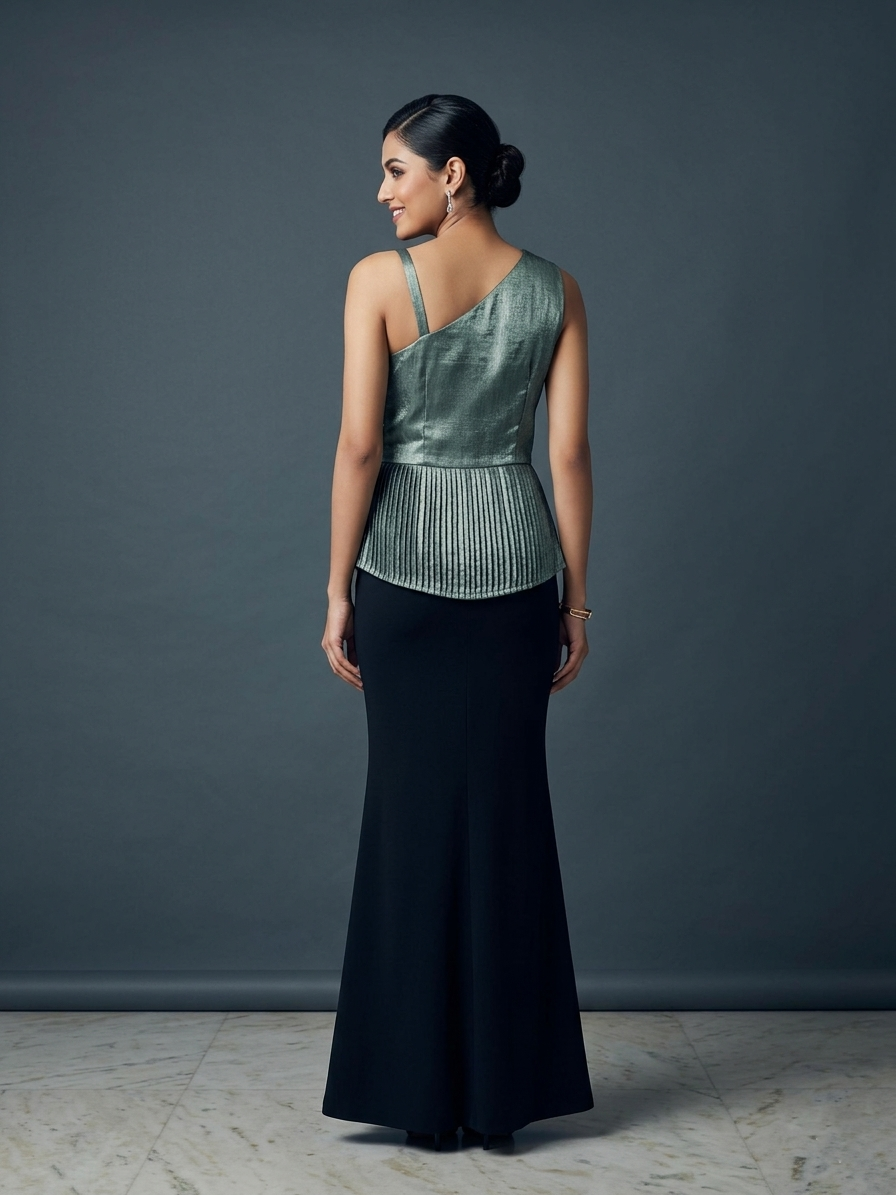 Forest Green Shimmer Georgette Bodice Gown with Black Lycra Skirt