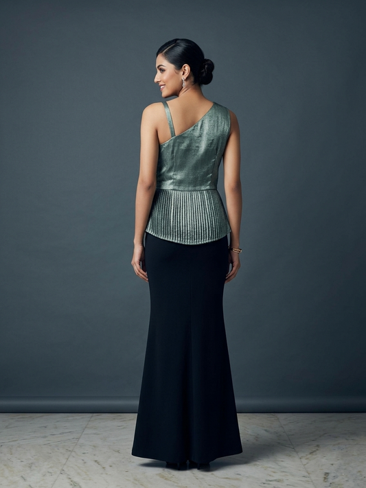 Forest Green Shimmer Georgette Bodice Gown with Black Lycra Skirt