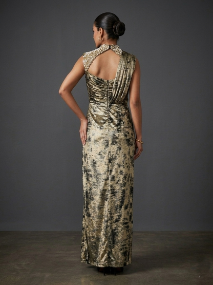 Gold Black Sandwash Satin Georgette Drape Gown
