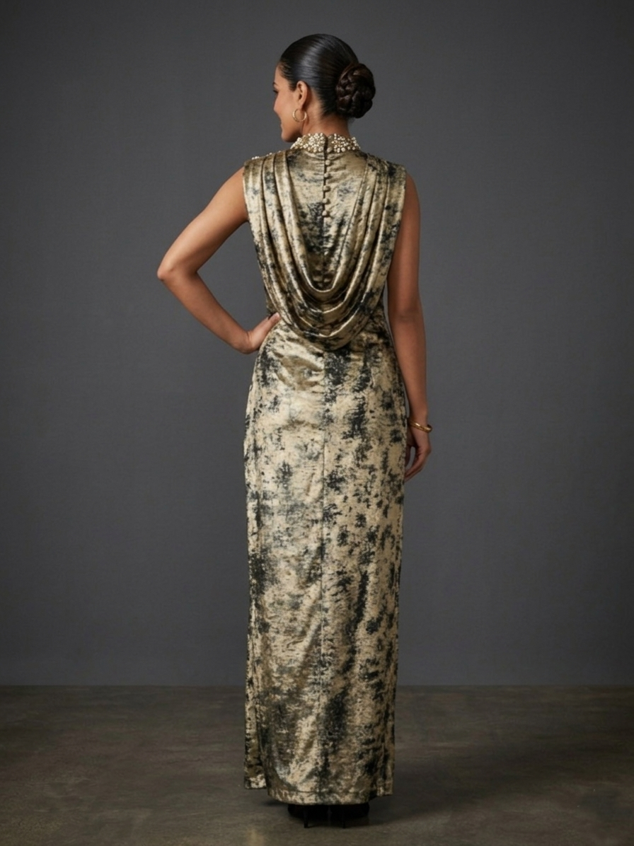 Gold Black Sandwash Satin Georgette Drape Gown