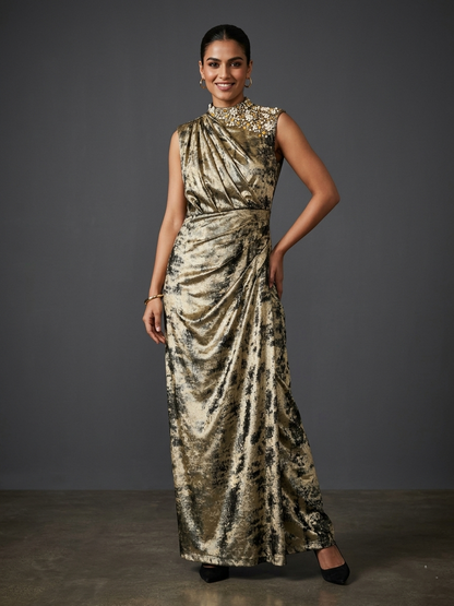 Gold Black Sandwash Satin Georgette Drape Gown