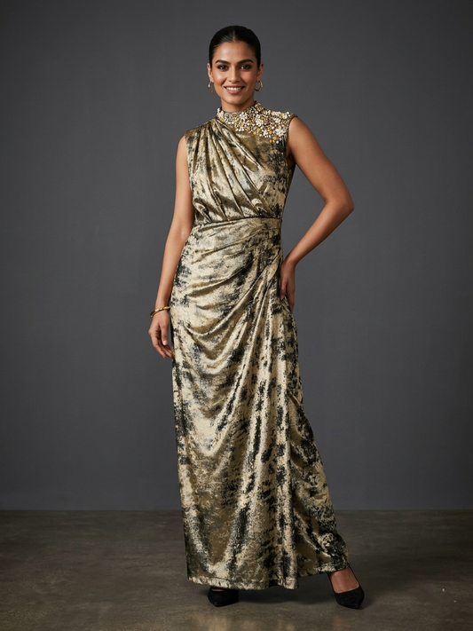 Gold Black Sandwash Satin Georgette Drape Gown