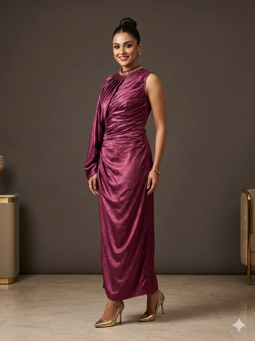 Magenta Shimmer Georgette Drape Gown